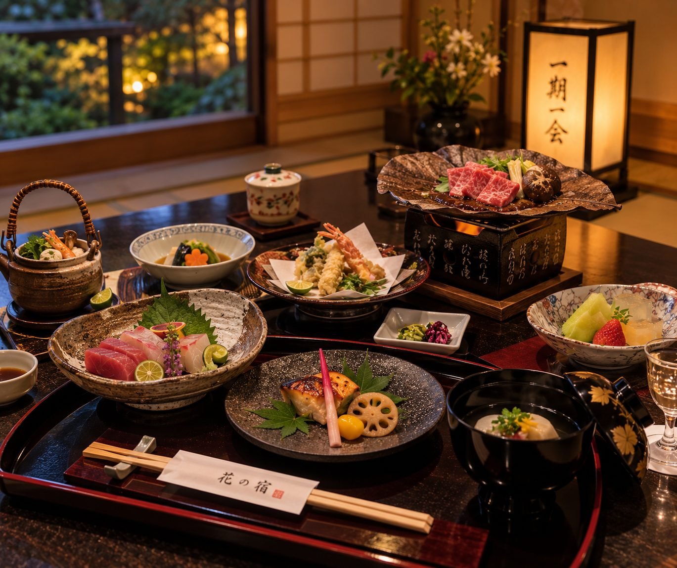 A kaiseki dinner laid out at the ryokan