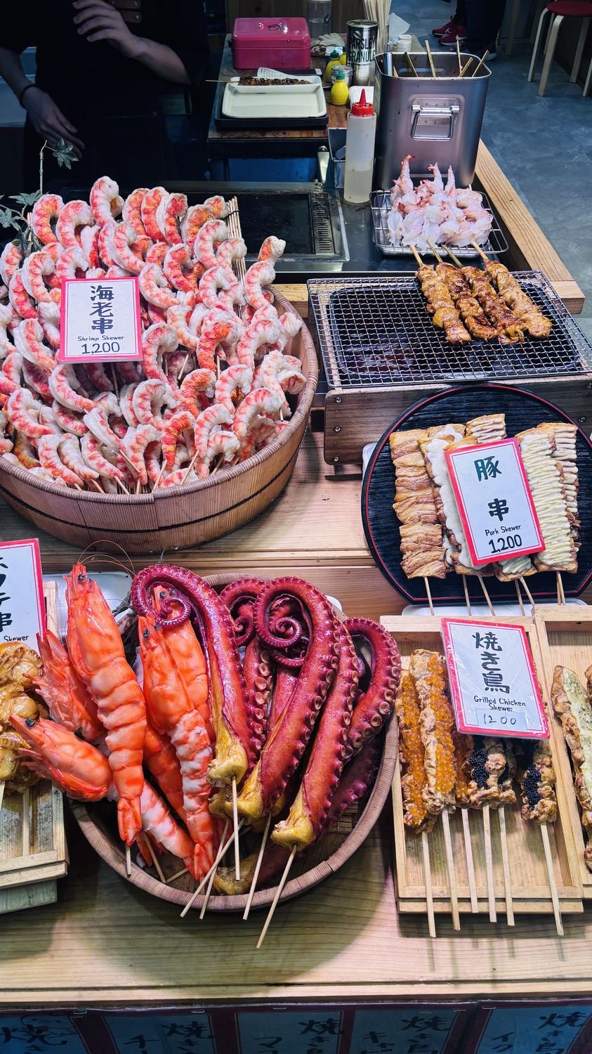 Skewers at a Kyoto market stall
